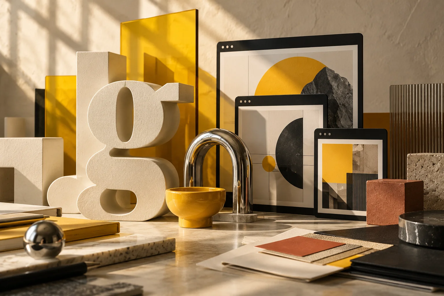 Tactile design materials, browser frames and yellow acrylic arranged on a creative workbench
