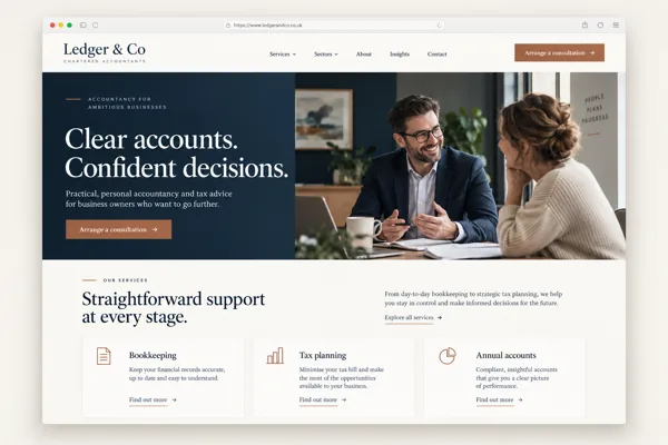 Example web design for accountants, showing client consultation and accountancy service sections