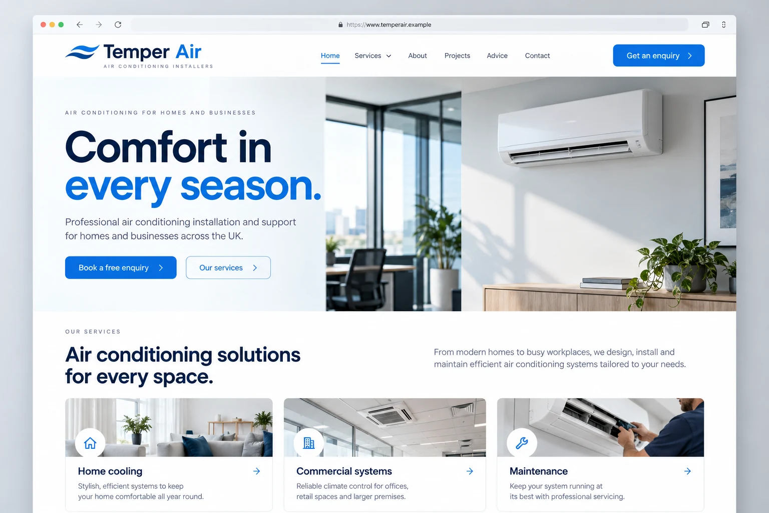 Example web design for air conditioning installers, showing air conditioning units and installation service sections