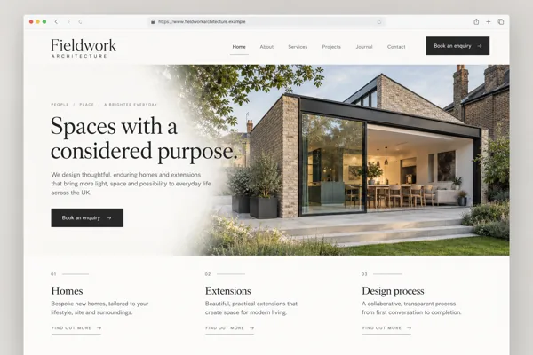 Example web design for architects, showing a contemporary house and architectural project sections