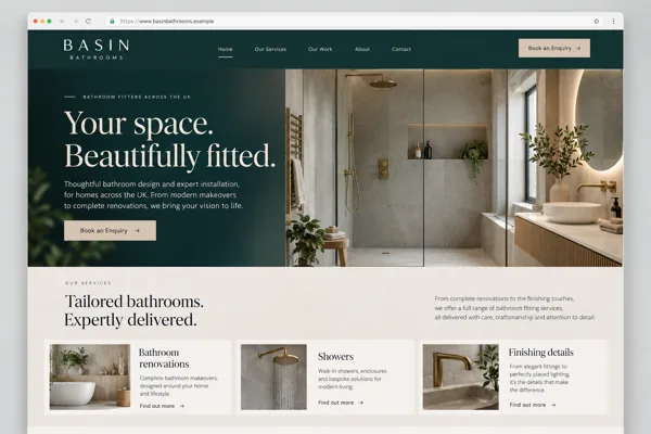 Example web design for bathroom fitters, showing a fitted bathroom and installation service sections