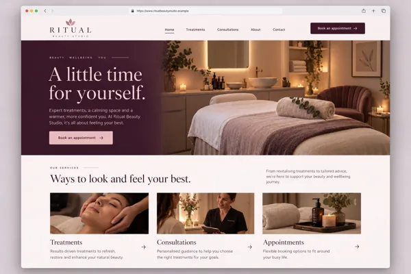 Example web design for beauty salons, showing a treatment room and beauty service sections
