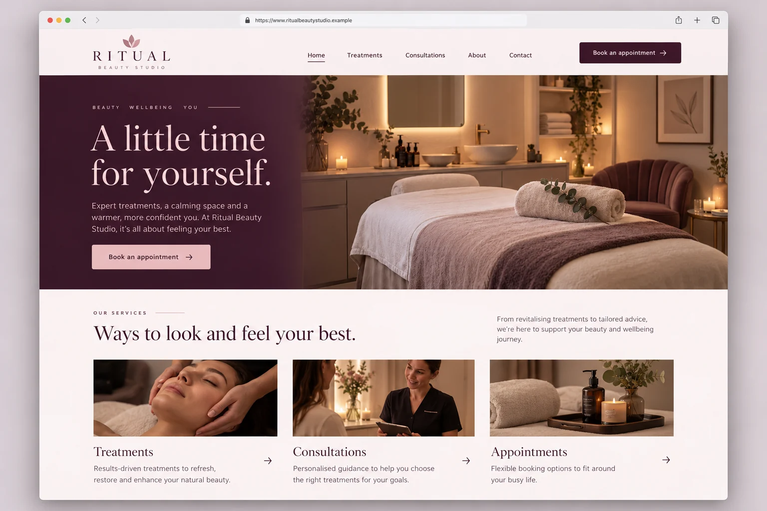 Example web design for beauty salons, showing a treatment room and beauty service sections