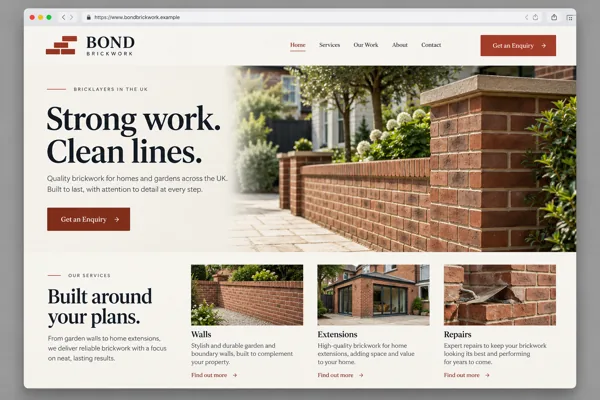 Example web design for bricklayers, showing a brick wall and brickwork project sections