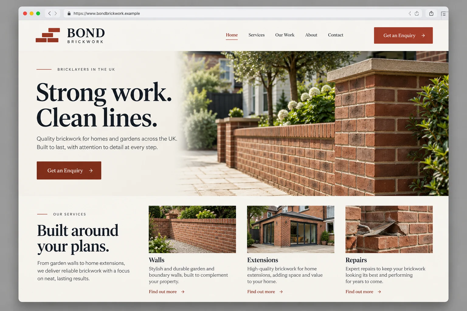 Example web design for bricklayers, showing a brick wall and brickwork project sections