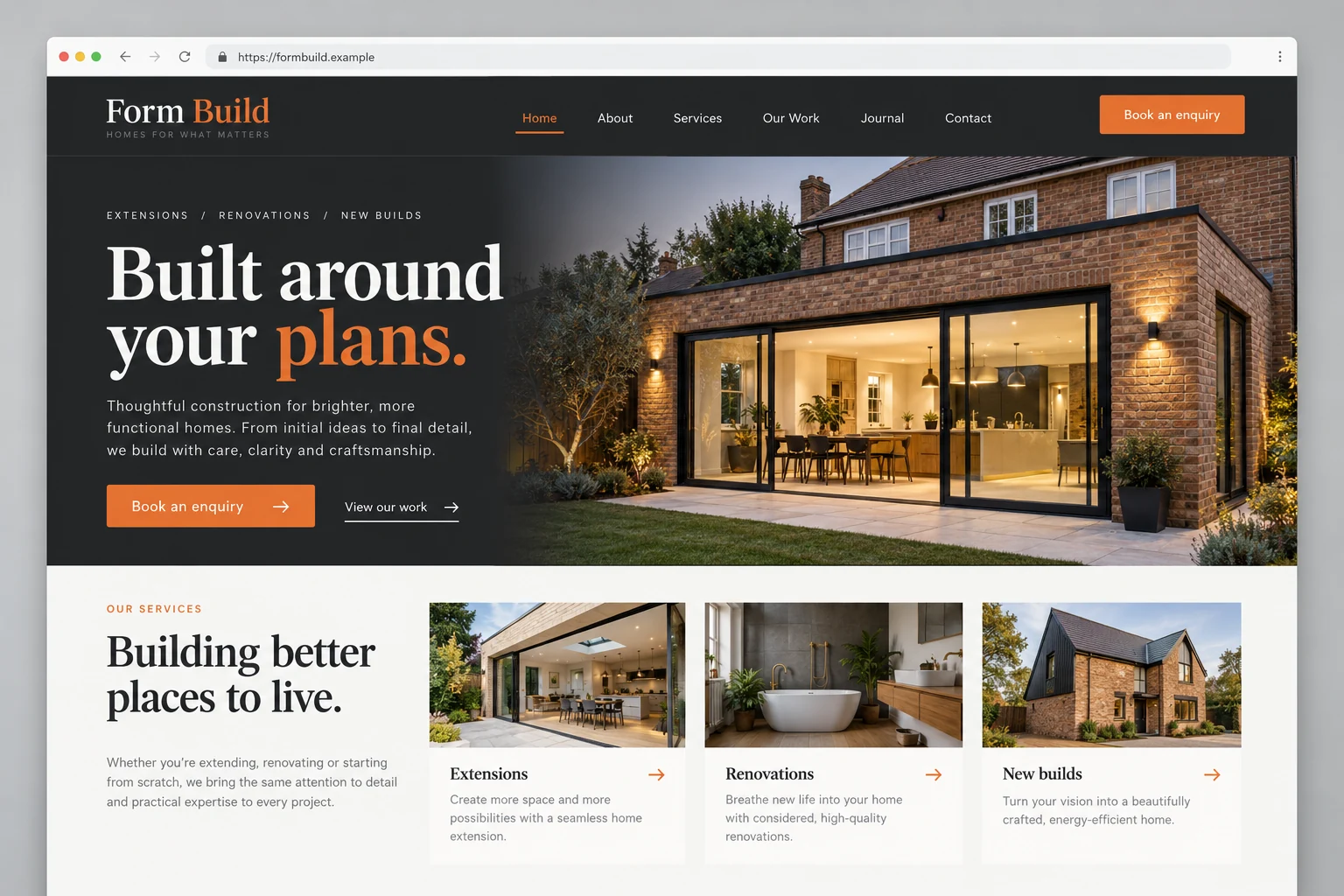 Example web design for builders, showing a completed house extension and building project sections