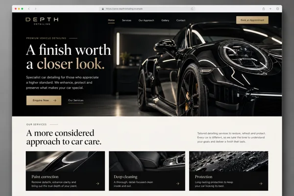 Example web design for car detailers, showing a polished car and detailing service sections