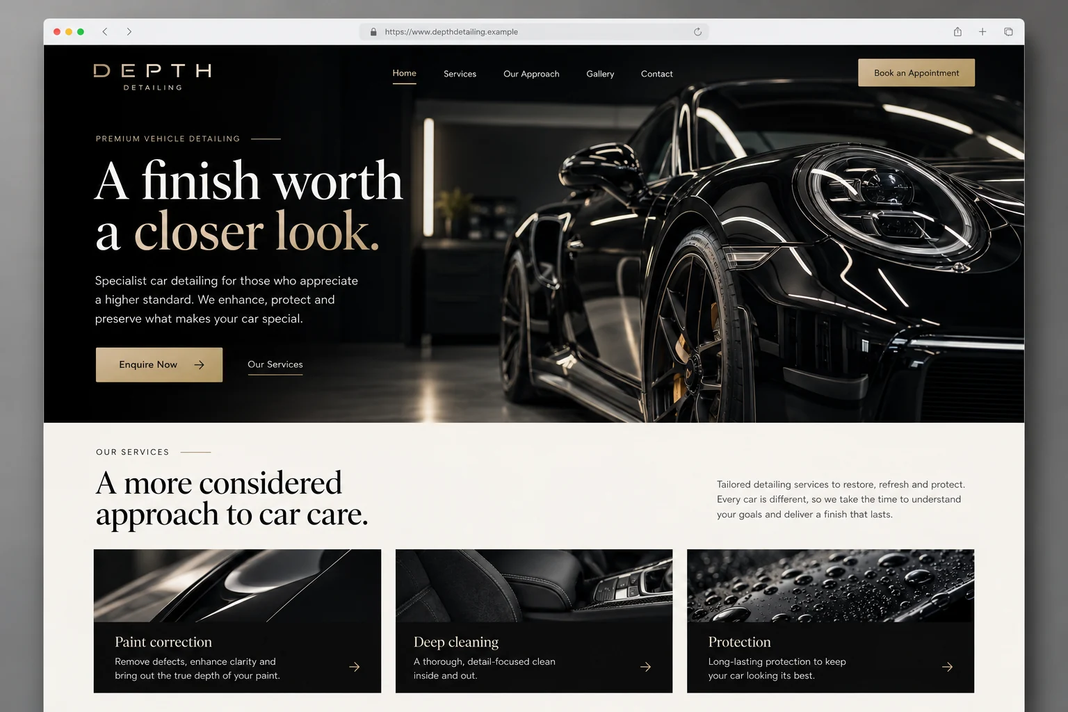 Example web design for car detailers, showing a polished car and detailing service sections