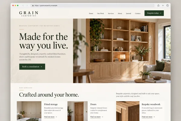 Example web design for carpenters, showing fitted wooden cabinetry and carpentry project sections