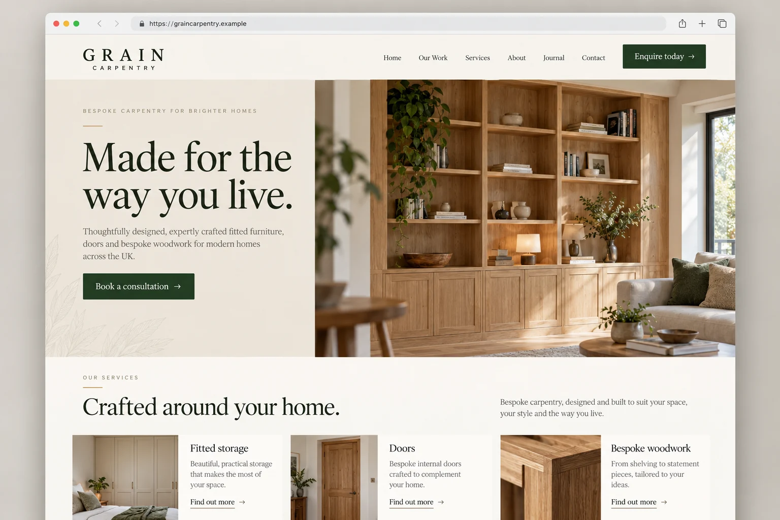 Example web design for carpenters, showing fitted wooden cabinetry and carpentry project sections