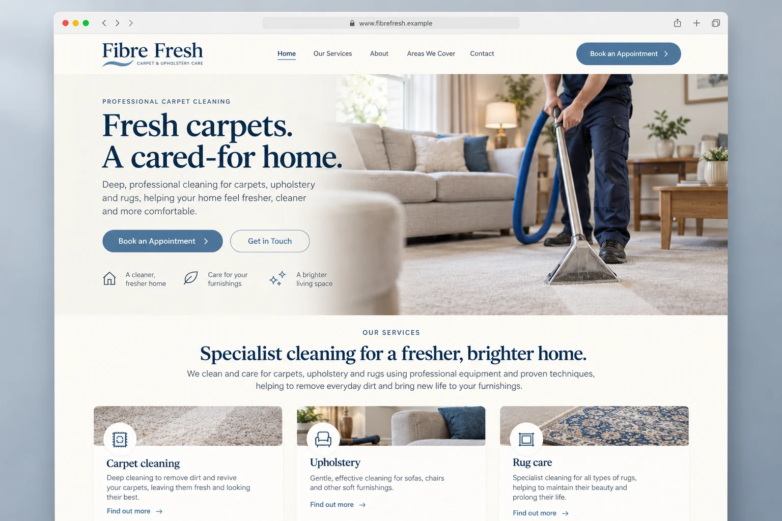 Example web design for carpet cleaners, showing carpet cleaning equipment and cleaning service sections