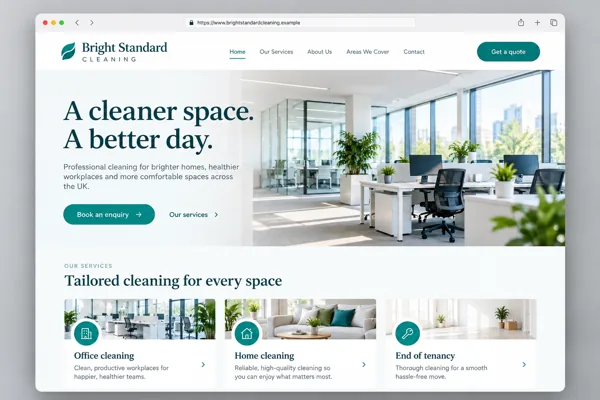Example web design for cleaning companies, showing a bright office and commercial cleaning service sections