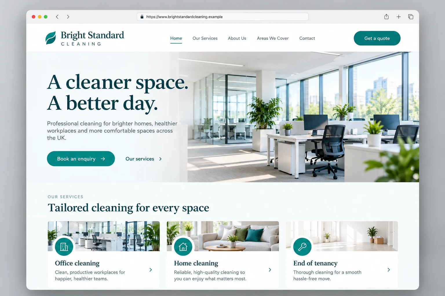 Example web design for cleaning companies, showing a bright office and commercial cleaning service sections