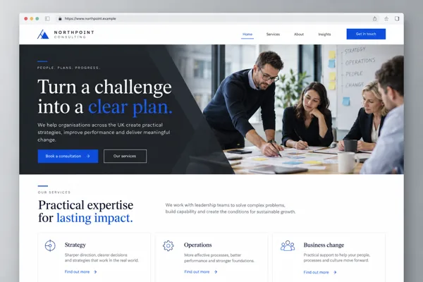 Example web design for consultants, showing a business meeting and consulting service sections
