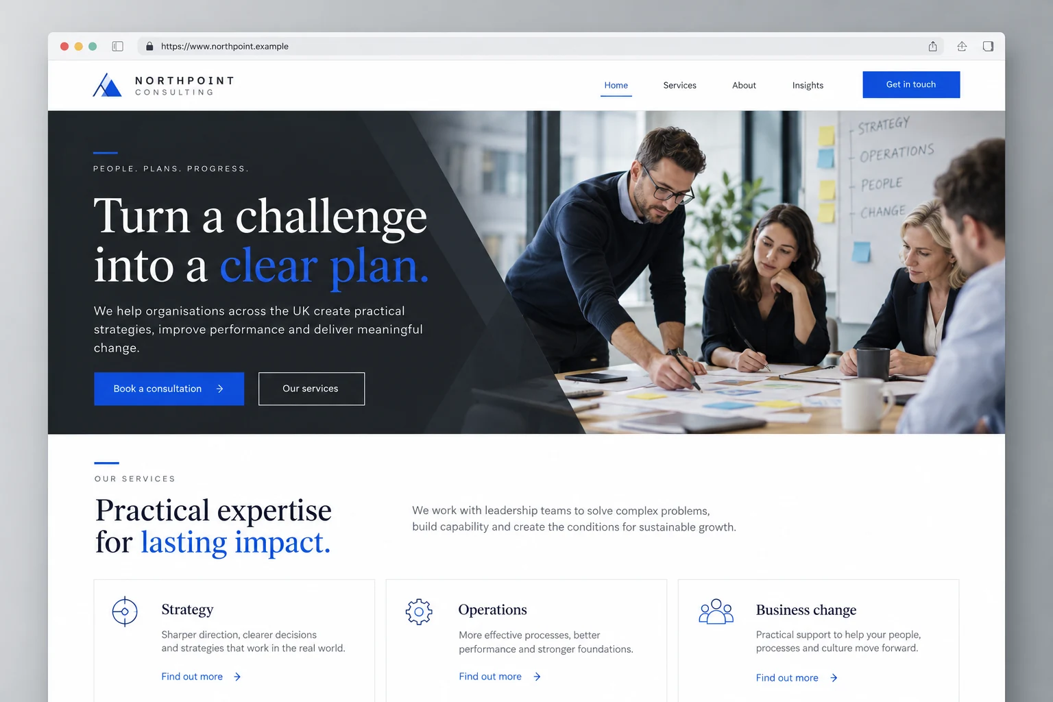 Example web design for consultants, showing a business meeting and consulting service sections