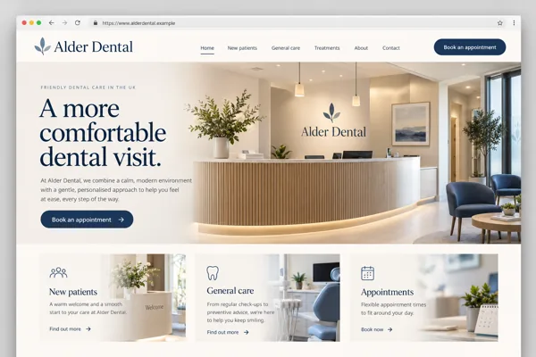 Example web design for dentists, showing a dental practice interior and treatment information