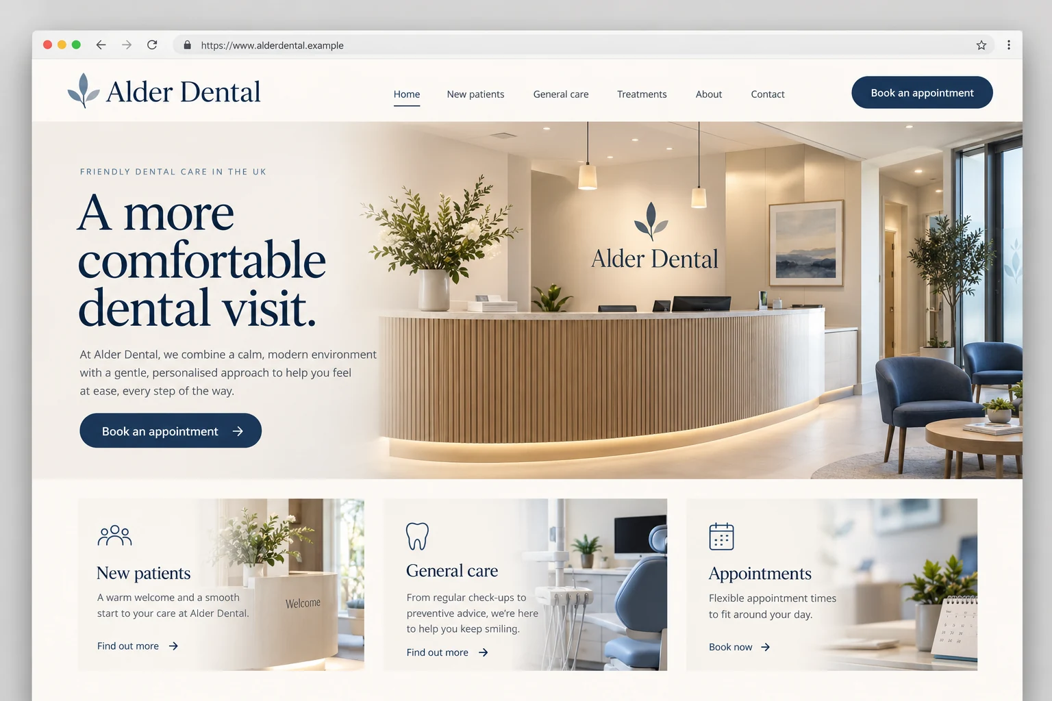 Example web design for dentists, showing a dental practice interior and treatment information