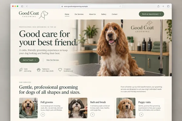 Example web design for dog groomers, showing a groomed dog and grooming service information