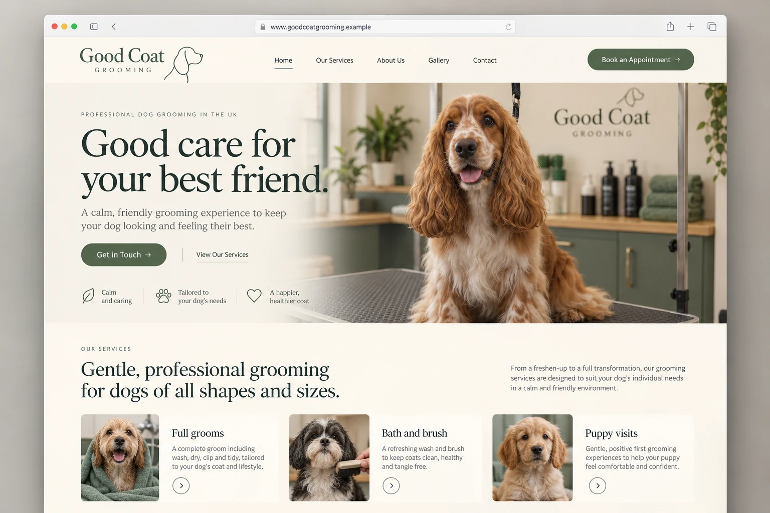 Example web design for dog groomers, showing a groomed dog and grooming service information