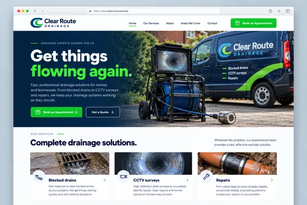 Example web design for drainage contractors, showing a drainage van and drain clearance service sections