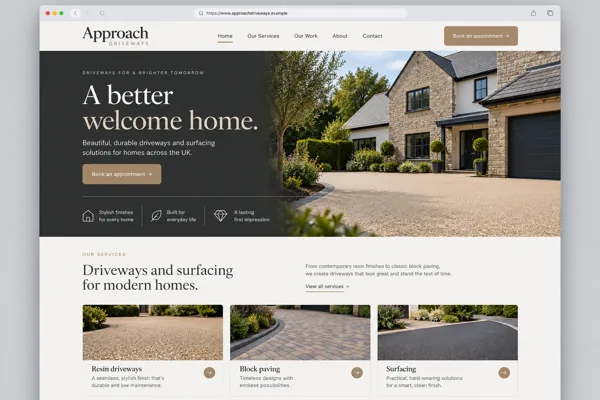 Example web design for driveway installers, showing a finished driveway and surfacing project sections