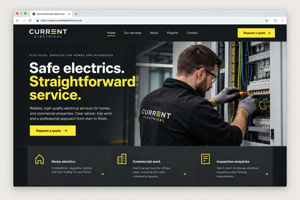 Example web design for electricians, showing an electrician working at a consumer unit and electrical service sections