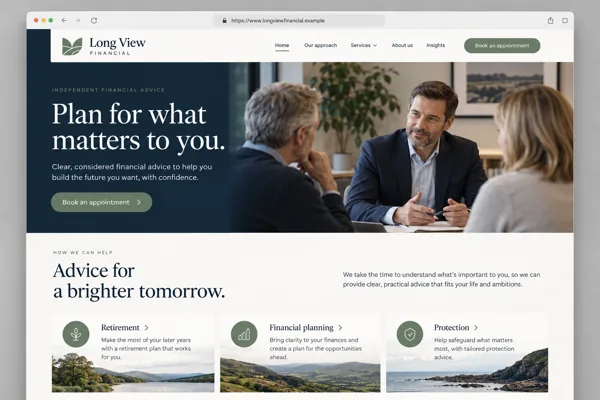 Example web design for financial advisers, showing a client meeting and financial planning service sections