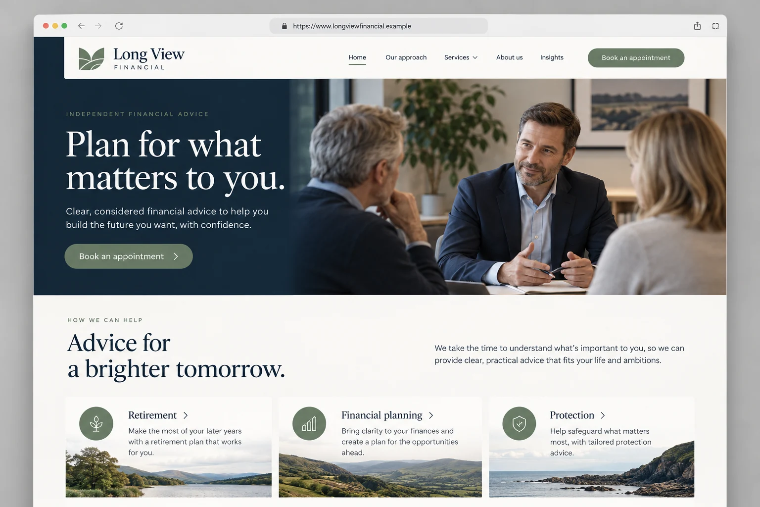 Example web design for financial advisers, showing a client meeting and financial planning service sections