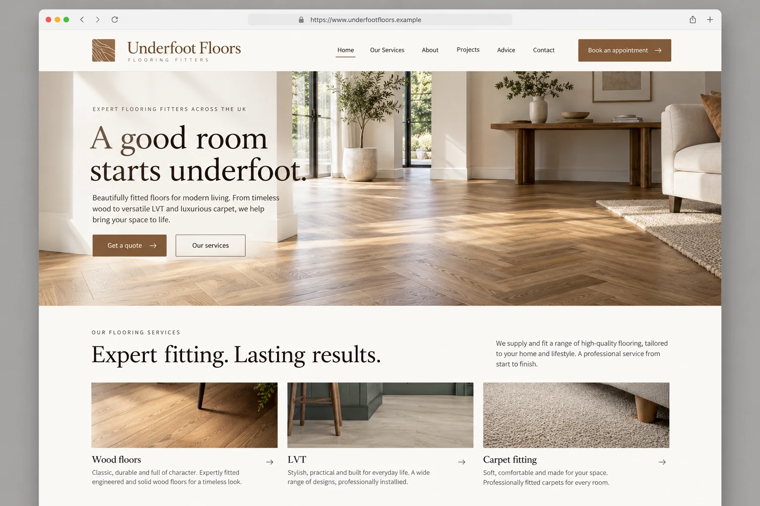 Example web design for flooring fitters, showing a fitted wooden floor and flooring service sections