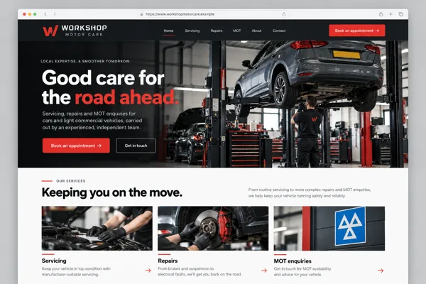 Example web design for garages and mechanics, showing a car on a workshop lift and vehicle repair service sections