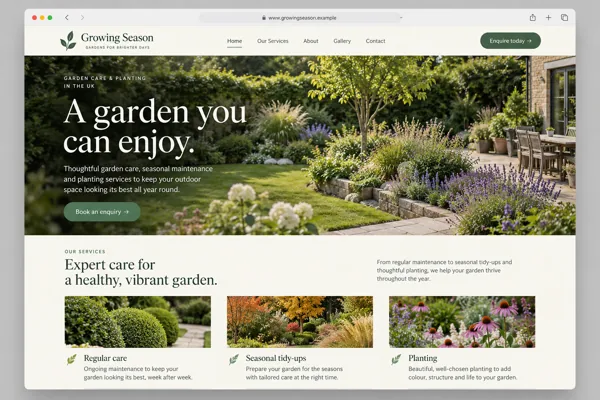 Example web design for gardeners, showing a planted garden and gardening service sections