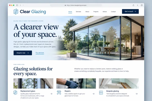 Example web design for glaziers, showing a glazed extension and glazing service sections