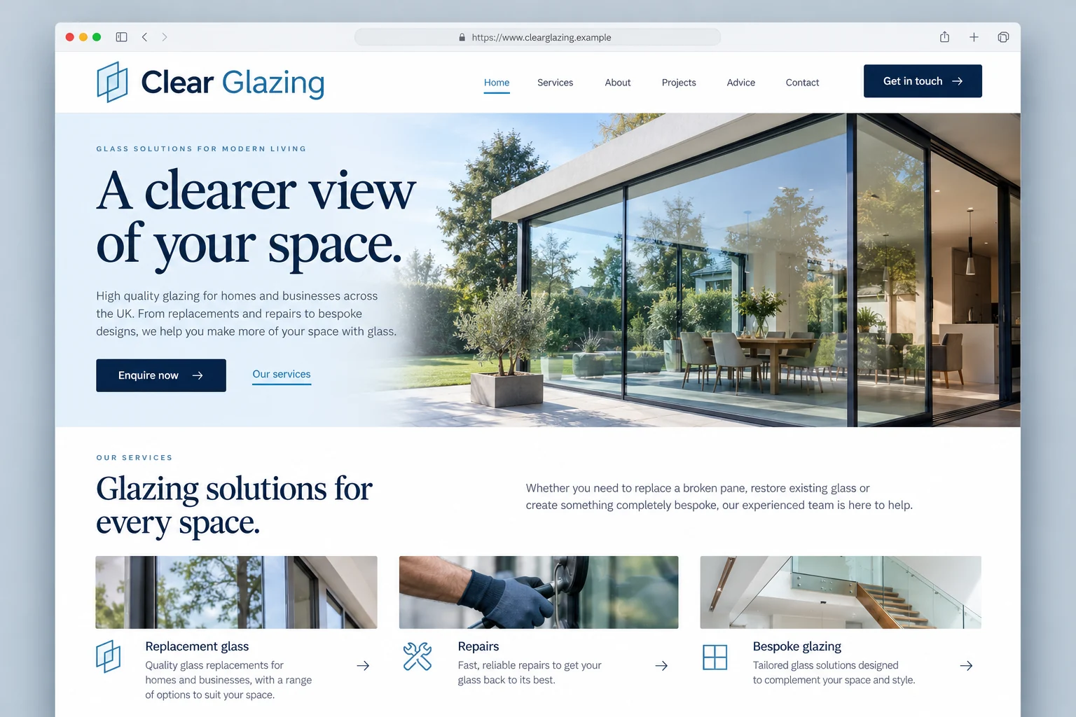 Example web design for glaziers, showing a glazed extension and glazing service sections