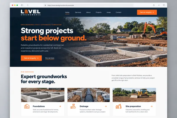 Example web design for groundworkers, showing an excavator and groundworks project sections
