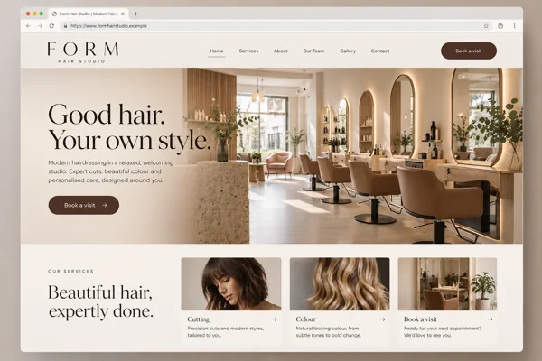 Example web design for hairdressers, showing a salon interior and hair service sections