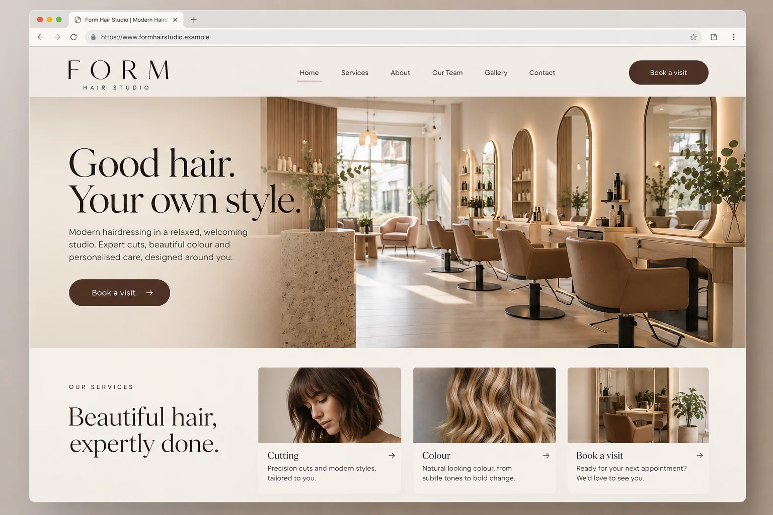 Example web design for hairdressers, showing a salon interior and hair service sections