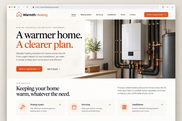 Example web design for heating engineers, showing a boiler installation and heating service sections