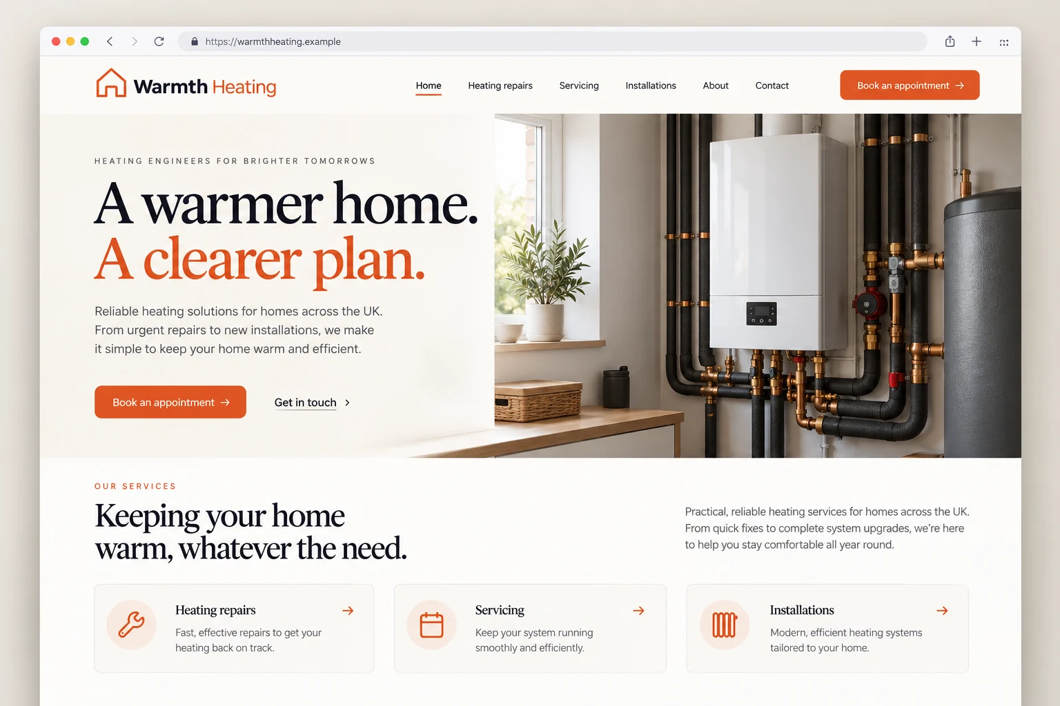 Example web design for heating engineers, showing a boiler installation and heating service sections
