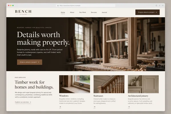 Example web design for joiners, showing a woodworking workshop and joinery service sections