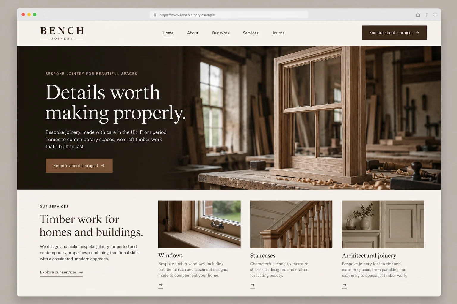 Example web design for joiners, showing a woodworking workshop and joinery service sections
