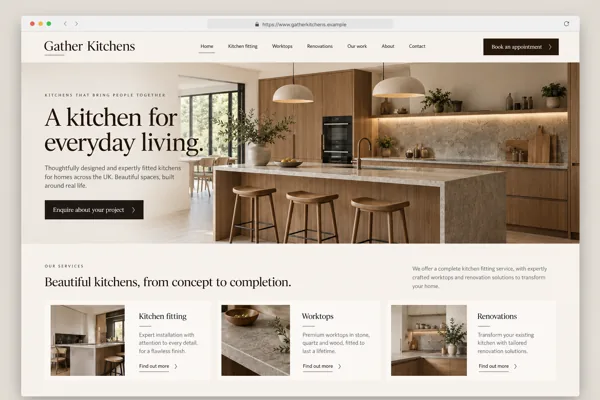 Example web design for kitchen fitters, showing a fitted kitchen and kitchen installation information