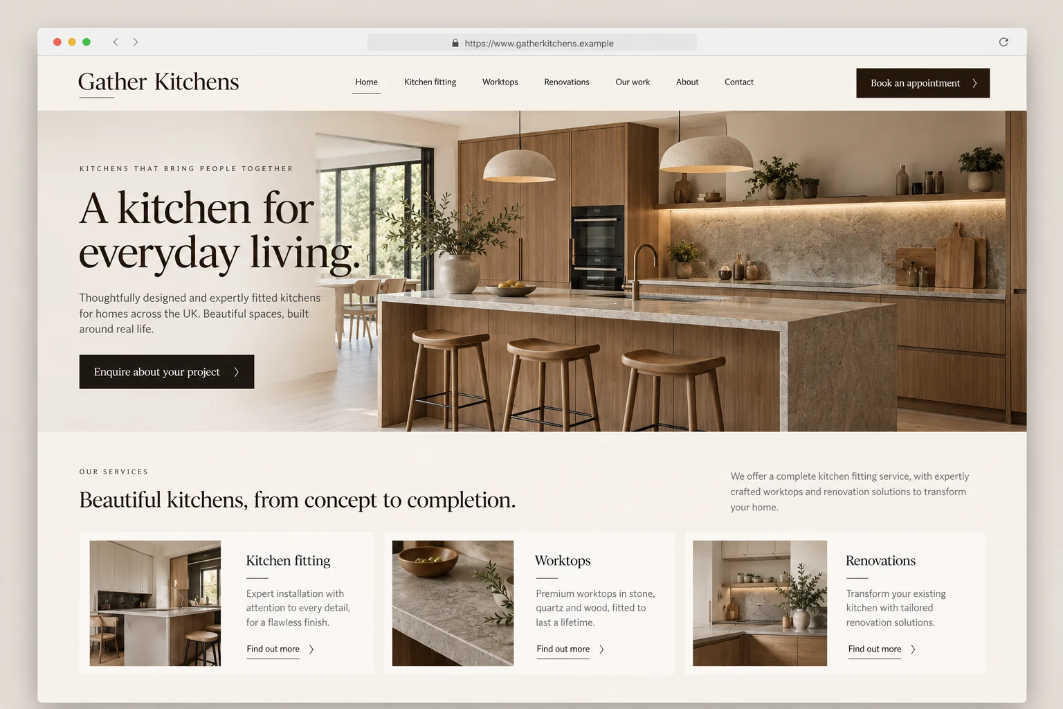 Example web design for kitchen fitters, showing a fitted kitchen and kitchen installation information