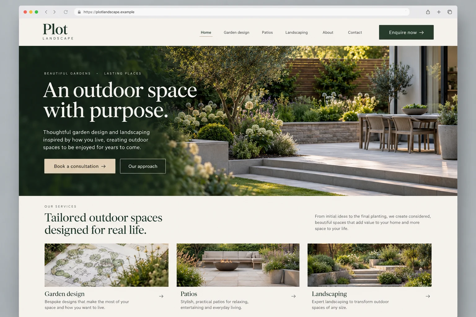 Example web design for landscapers, showing a landscaped garden and outdoor project sections