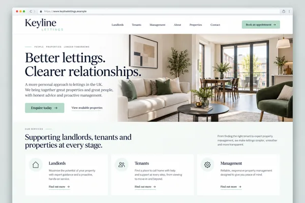 Example web design for letting agents, showing a rental property interior and landlord service sections