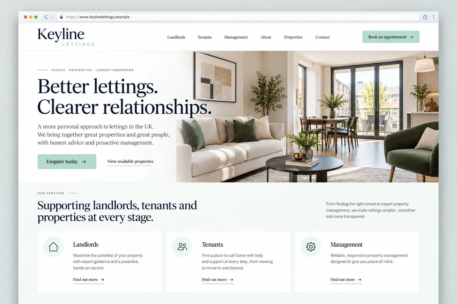 Example web design for letting agents, showing a rental property interior and landlord service sections