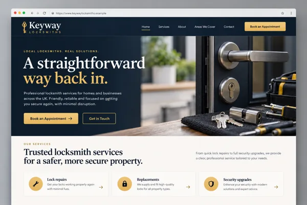 Example web design for locksmiths, showing door locks and locksmith service information