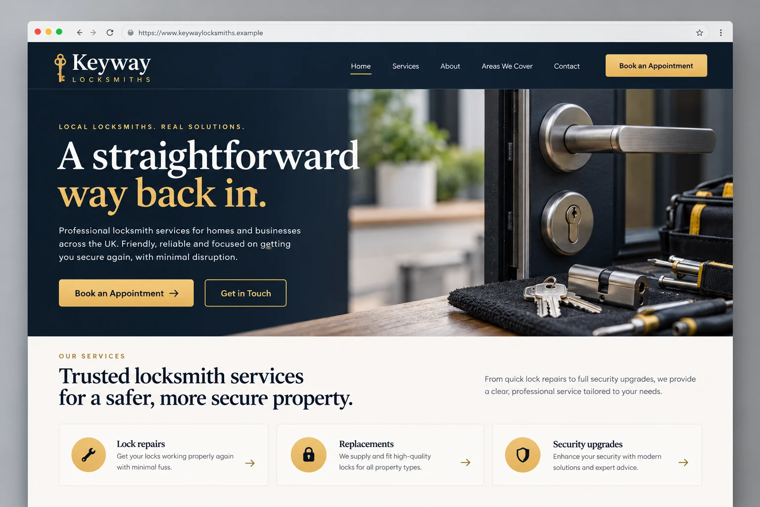 Example web design for locksmiths, showing door locks and locksmith service information
