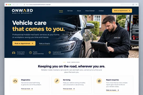 Example web design for mobile mechanics, showing a mechanic beside a car and mobile repair service sections