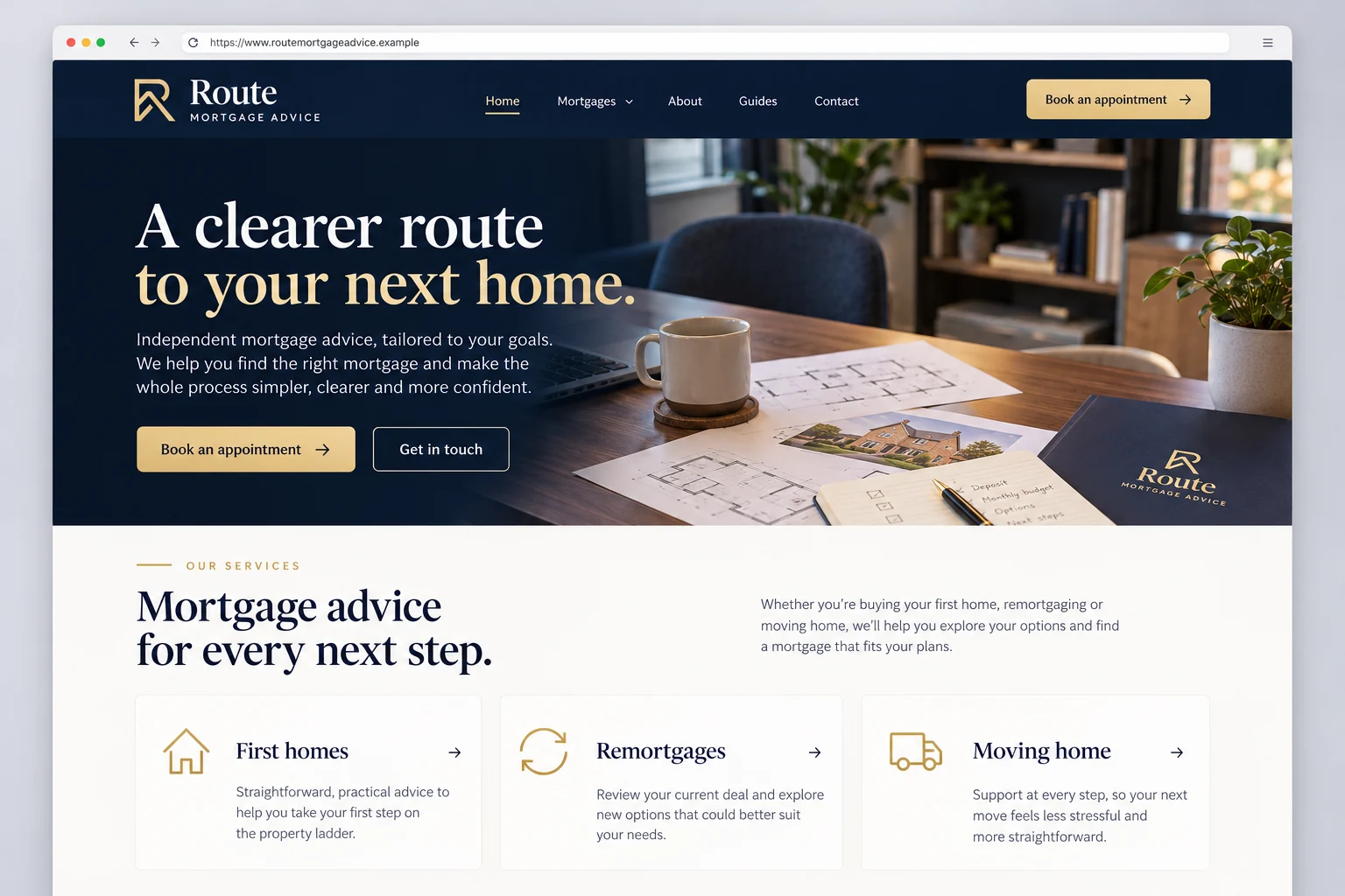 Example web design for mortgage brokers, showing a home interior and mortgage advice service sections