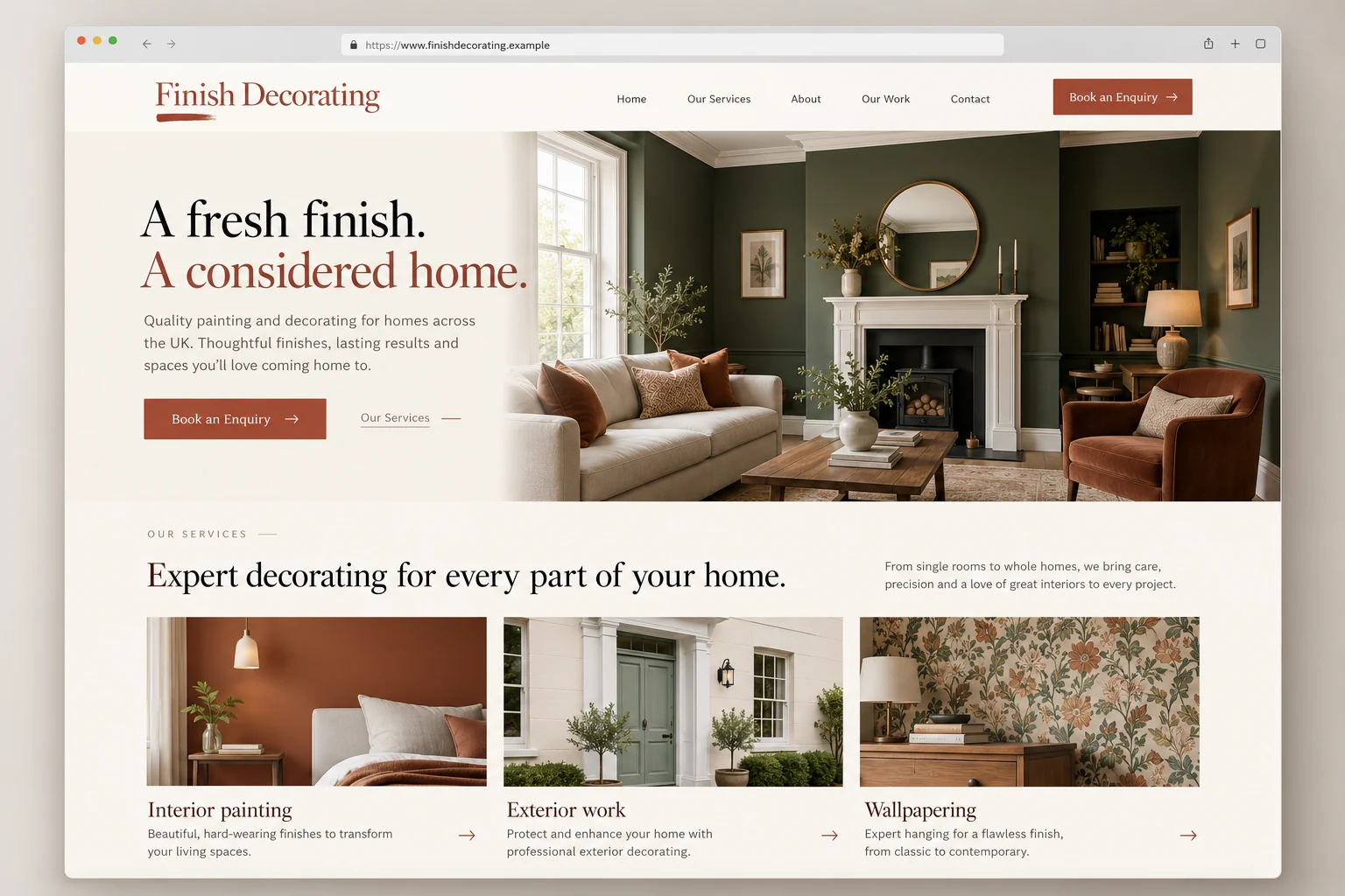 Example web design for painters and decorators, showing a decorated room and painting service sections